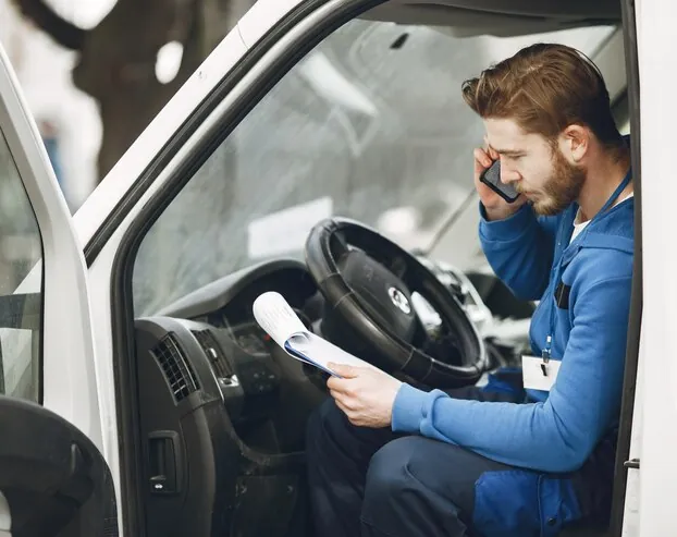 A commercial van driver talking on the phone and checking documents in the cab